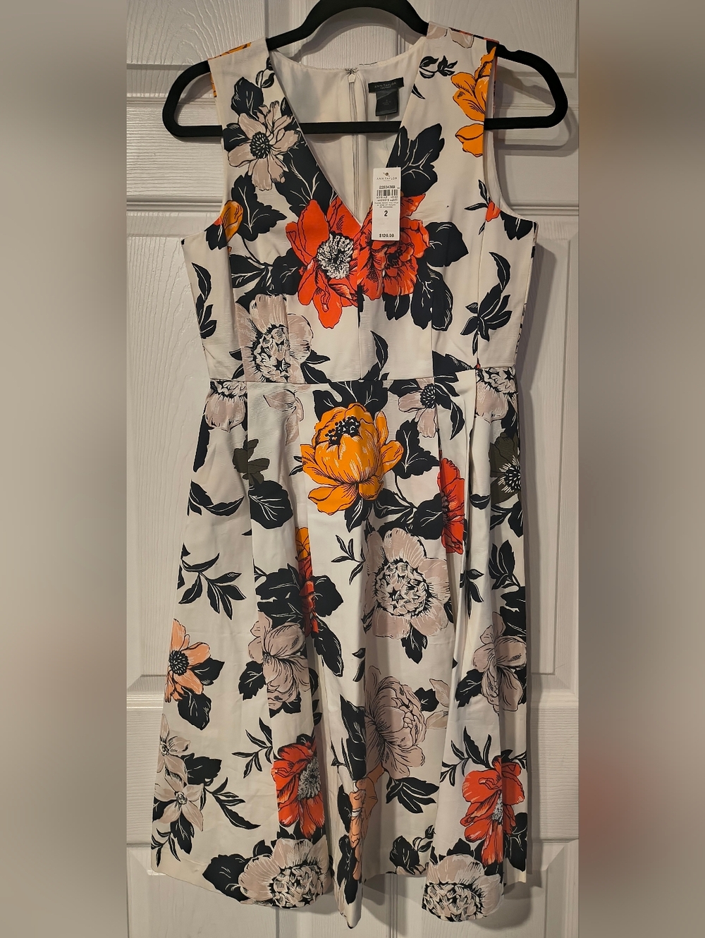 Ann Taylor Sz 2 White Midi Dress with Orange and Black Floral Print NWT